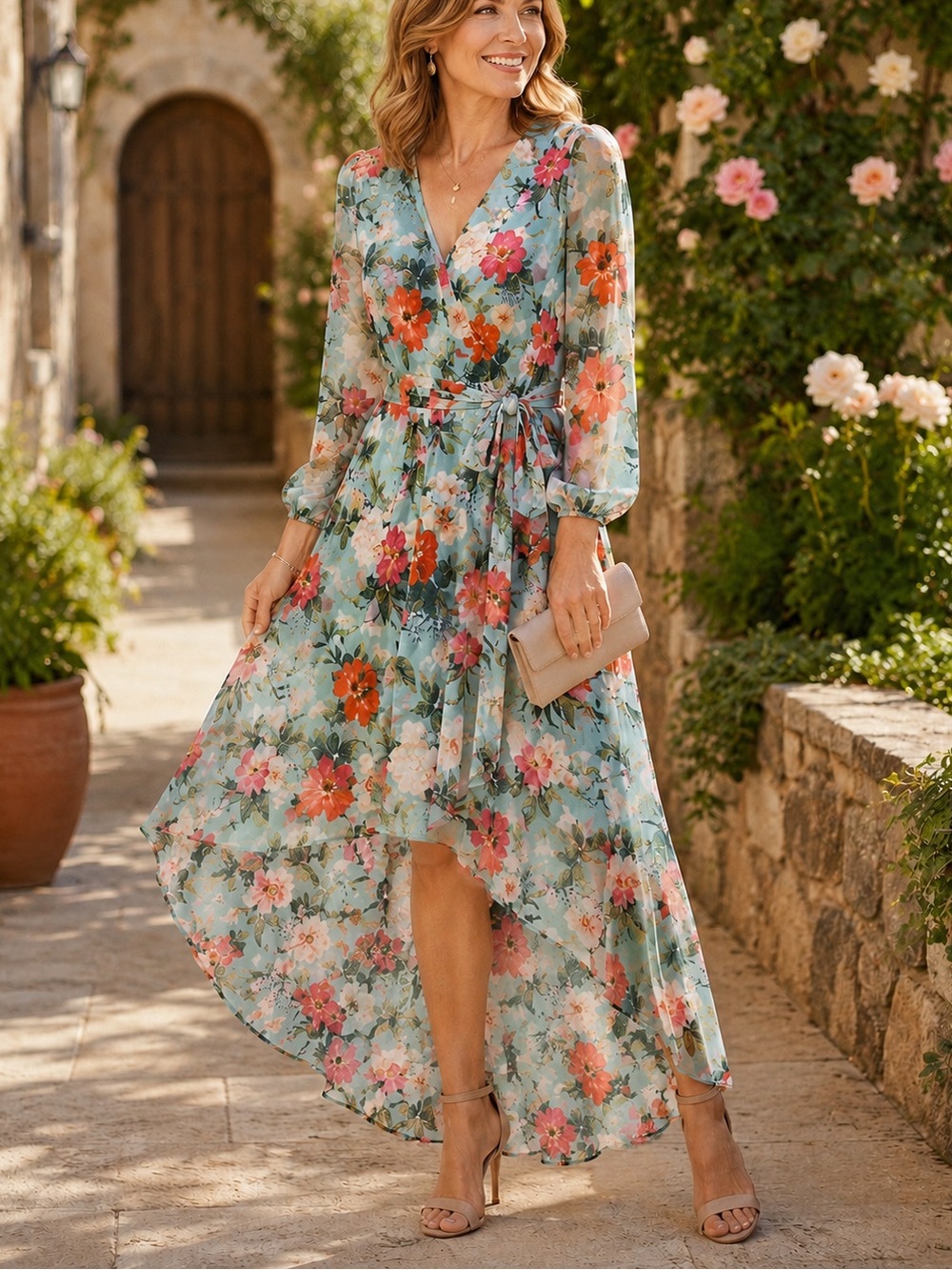 Eliza J Floral Hi-Low Wrap Dress Size 6 Aqua Blue Wedding Guest Garden Party